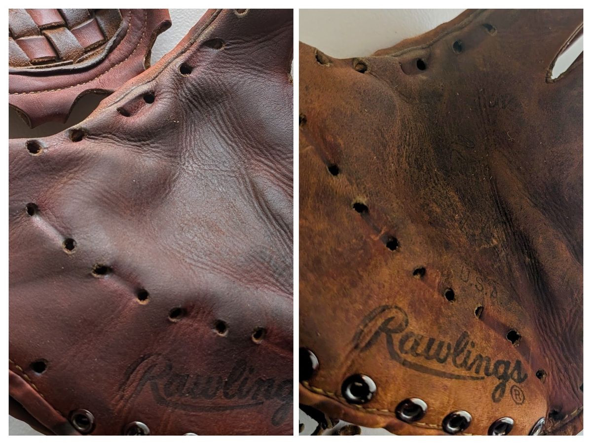 Rawlings glove leather cleaned and conditioned, shown side by side