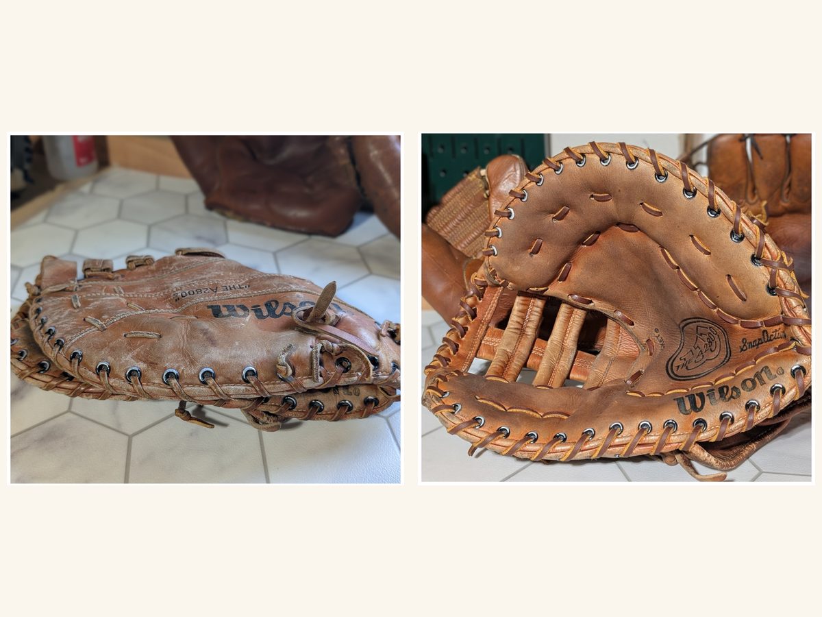Wilson A2800 first base mitt before and after a full relace and restoration