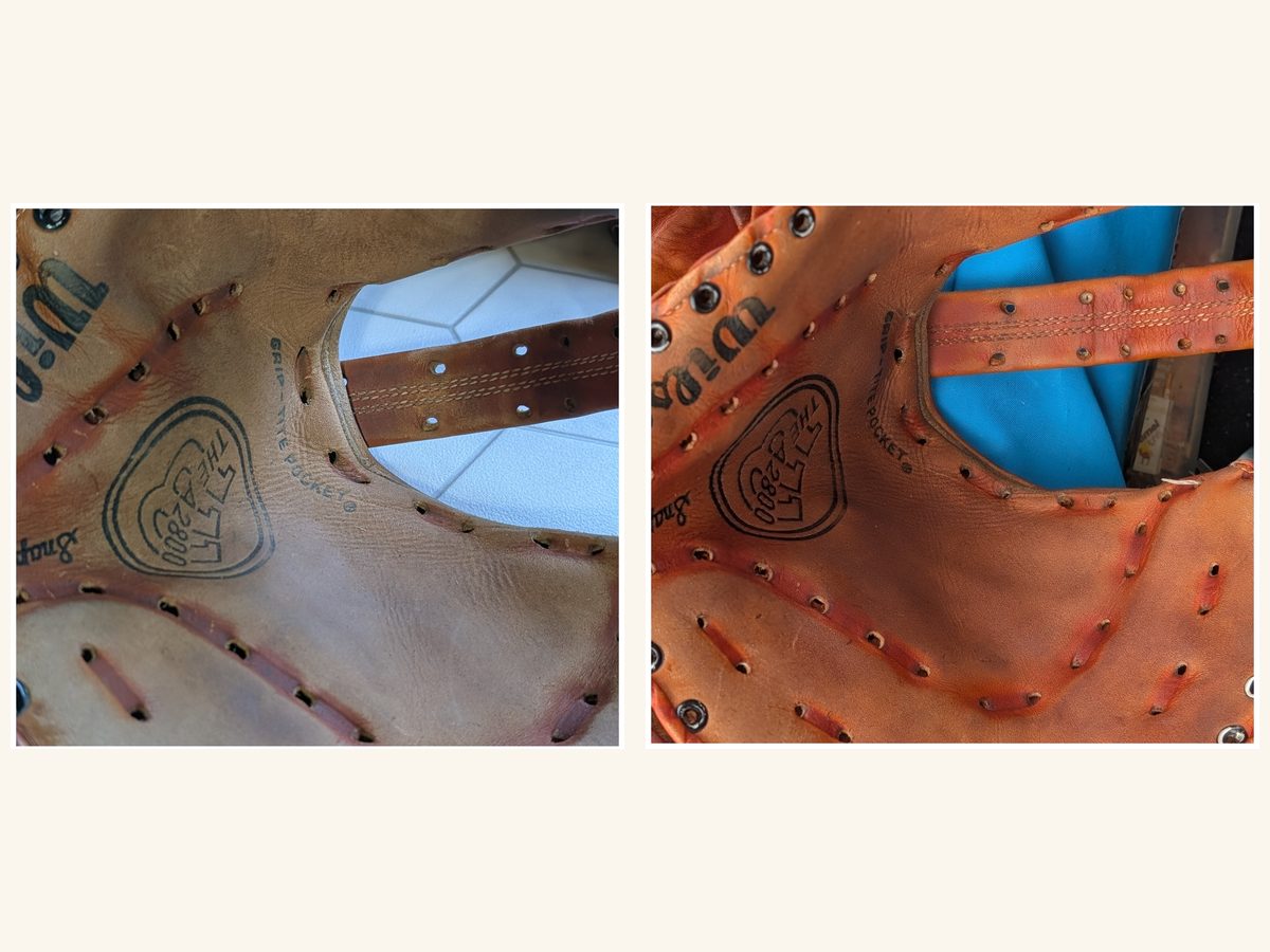 Wilson A2800 first base mitt before and after full restoration and relacing
